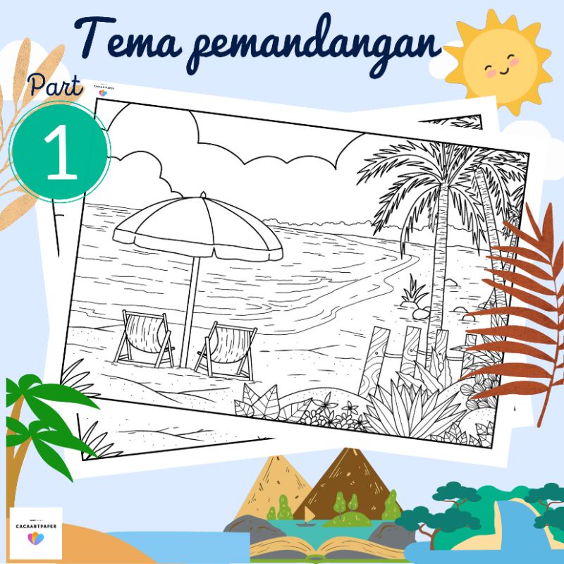 KERTAS MEWARNAI / KERTAS GAMBAR / PEMANDANGAN 1 /KERTAS MEWARNAI ANAK PAUD TK SD / A4