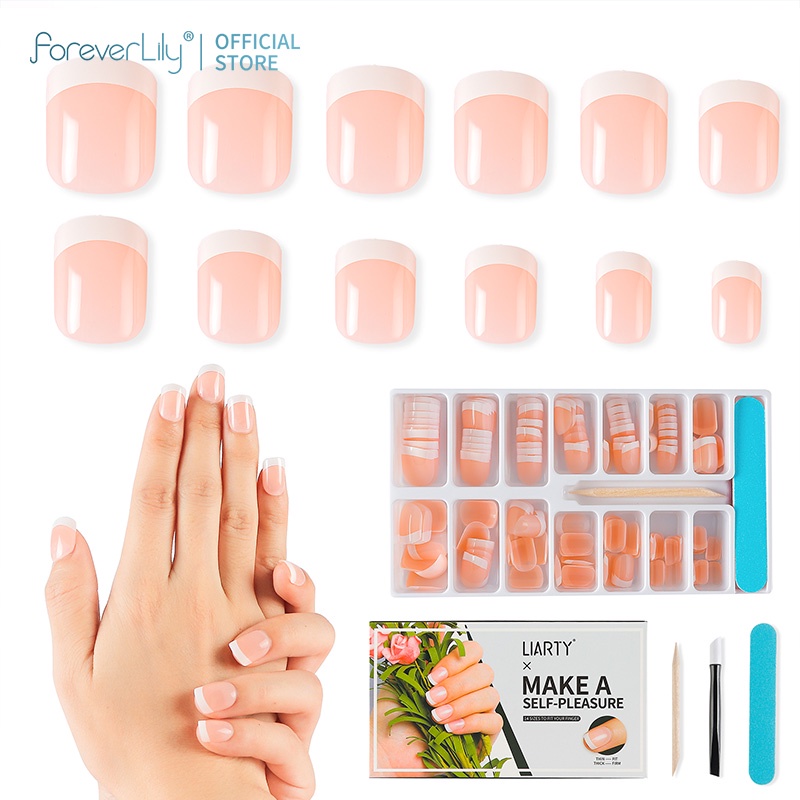 【1-3 Days Delivery】Foreverlily 140pcs/14 SIZE Set French Nails Kuku Palsu Imitasi berikut lem Nail Art Nail Care kuku palsu 3dBeauty  Nail Tools