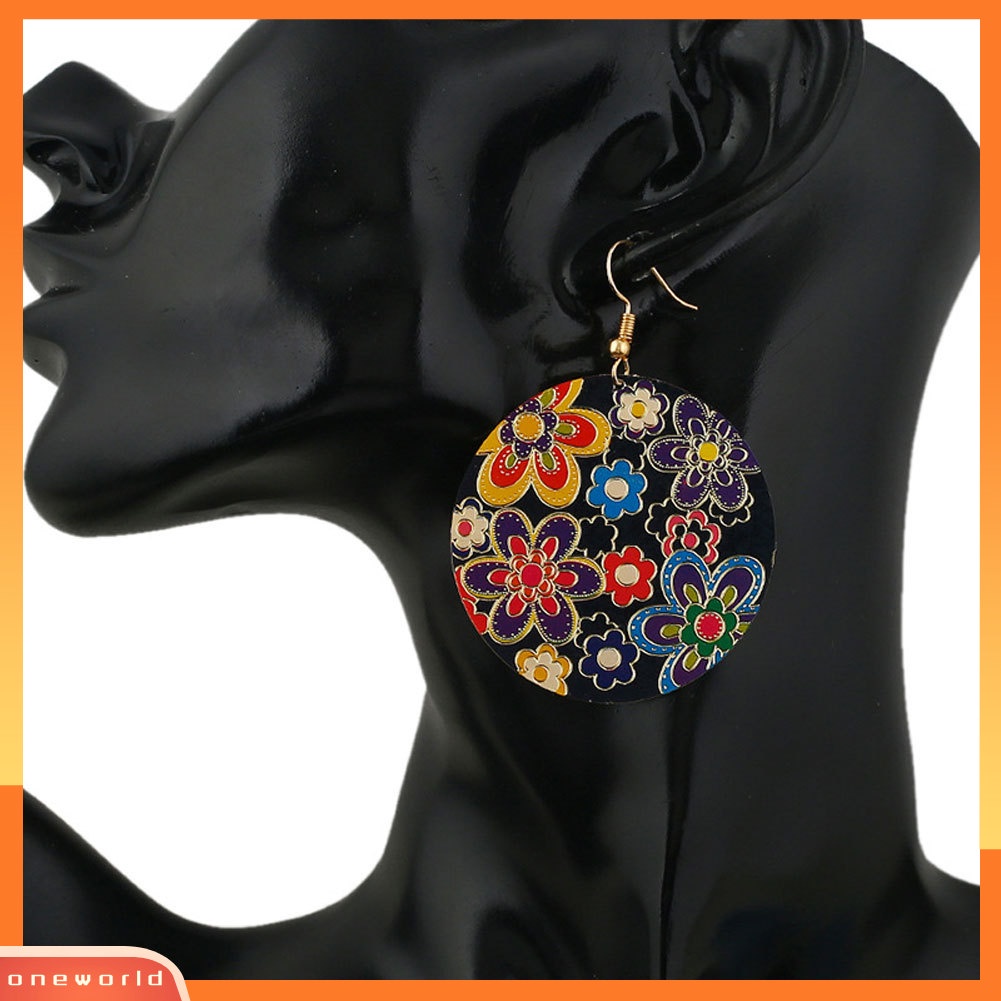 {oneworld} Vintage Wanita Warna-Warni Bunga Cat Bulat Drop Menjuntai Kait Anting Club Perhiasan