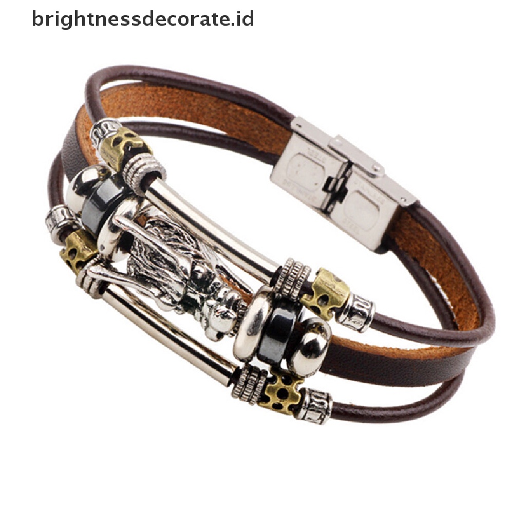 [Birth] Multilayer Kulit Tibet Perak Pria Gelang Parataxis Naga Pria Accessoires [ID]