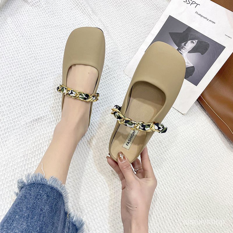 #Sisjuly# Sandal wanita baru datar bawah memakai sepatu luar mullet sepatu slip tahan setengah sanda