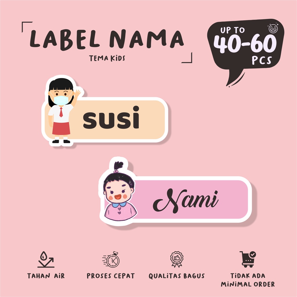 

( 40 - 60 pcs ) cetak stiker label nama KIDS /murah/waterproff/stiker nama