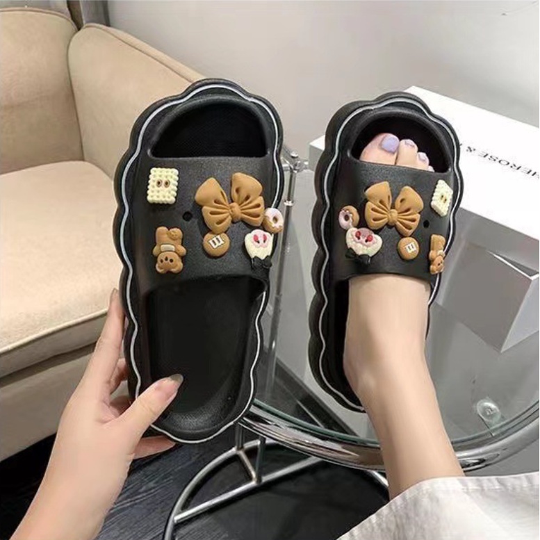 PVC Sandal Slop Wanita Karet Import Korean Slippers Flip Flop Rubber Elastic Super Soft Non-Slip Sole Brown Jibbitz