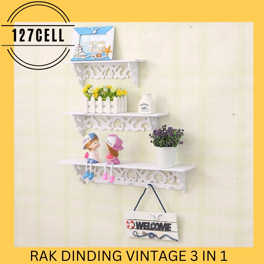 Rak Dinding Vintage 1 Set Isi 3 Serbaguna Dekorasi Dengan 5 Hook Gantungan Kamar Tidur Ruang Tamu Dekorasi