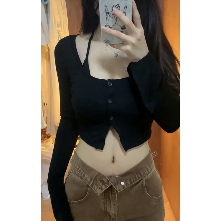 Red Hitam Menggantung Leher Dua Potong T-shirt Cardigan Pendek Wanita Musim Gugur dan Musim Dingin Gadis Panas Slim Fit Rasa Niche bottoming Kemeja