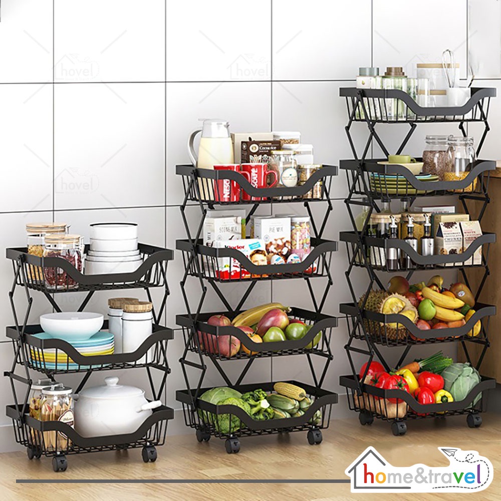 HOVELSHOP Rak Keranjang Sayur Dapur Buah Kitchen Rack Troli Lipat 3 4 Susun Portable Serbaguna