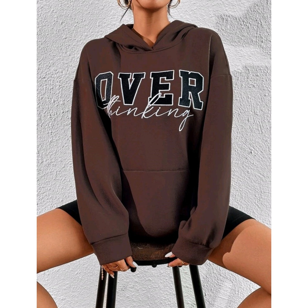 Hoodie Oversize Over Thinking - Hodie Sweater Ukuran Besar - Baju Wanita - Bahan Fleece - Big Size - XXL