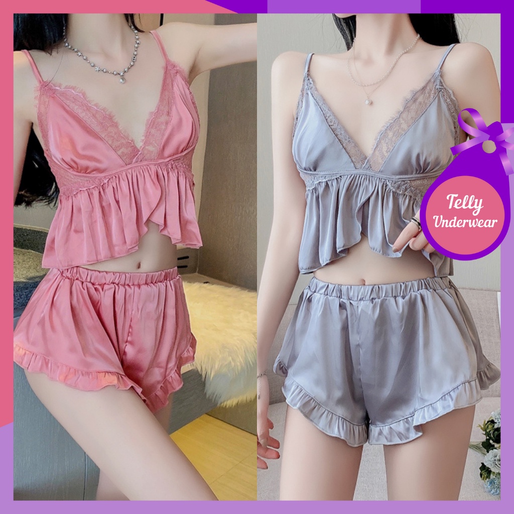 TELLY ➡️ 369 Lingerie set Piyama Baju Tidur Wanita Vee-Silk Lace NightWear