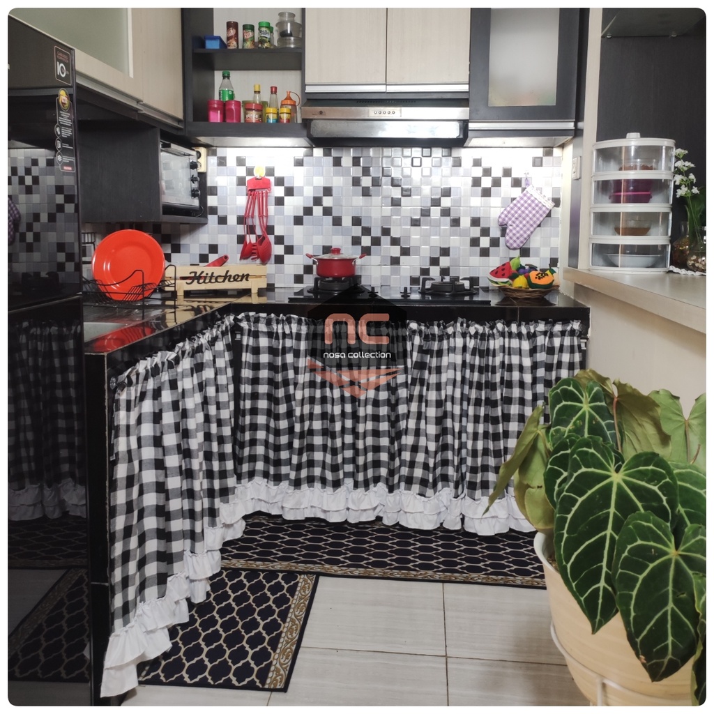 Gordeng KOLONG DAPUR Berhias RUFFLE BAWAH Polos DOUBLE Gorden / Tirai Kolong Dapur Motif Kotak Gingh