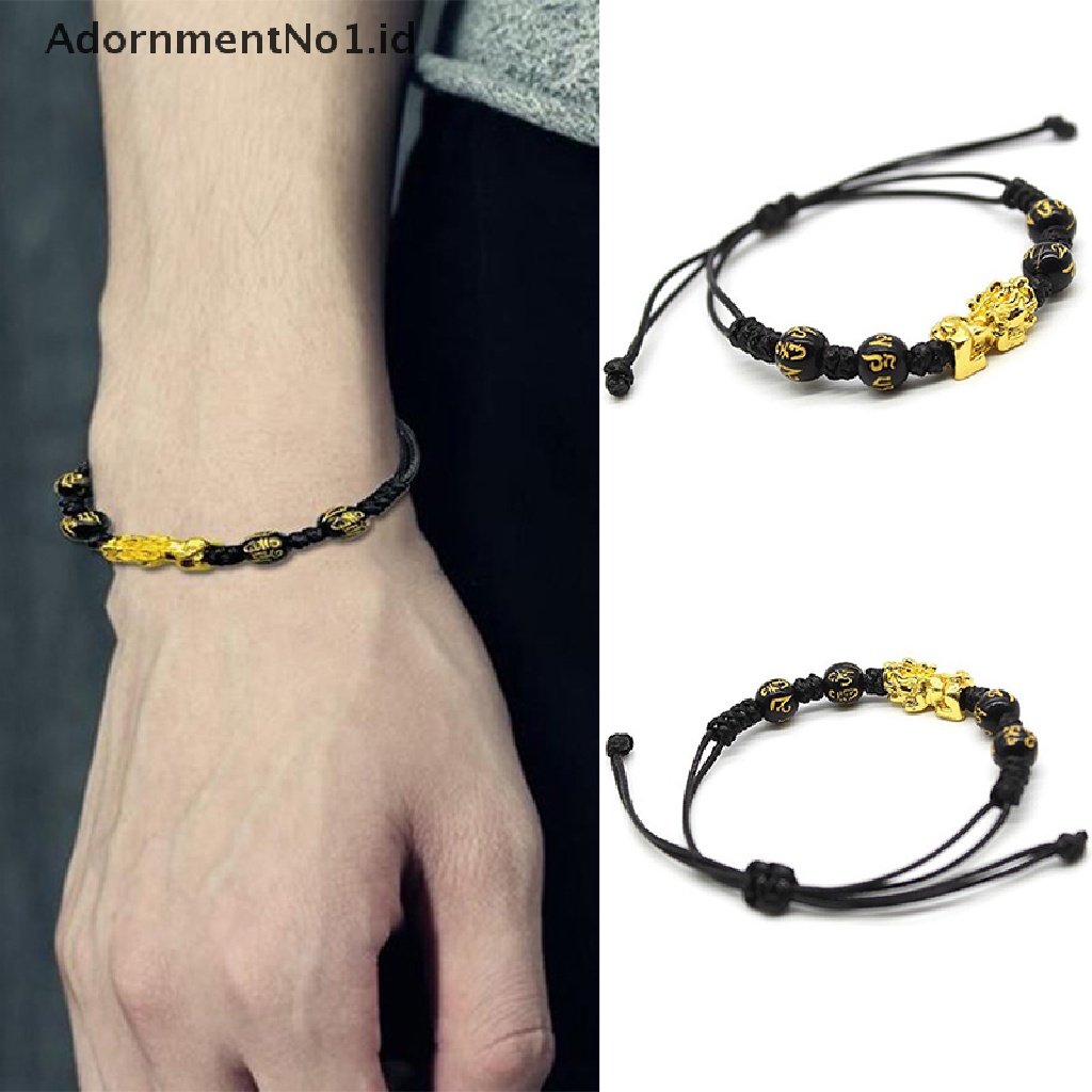 [AdornmentNo1] Unisex Feng Shui Obsidian Batu Beads Bracelet Rope Wristband Gold Kekayaan Kesehatan Kaya Keberuntungan Gelang Untuk Wanita Pria [ID]