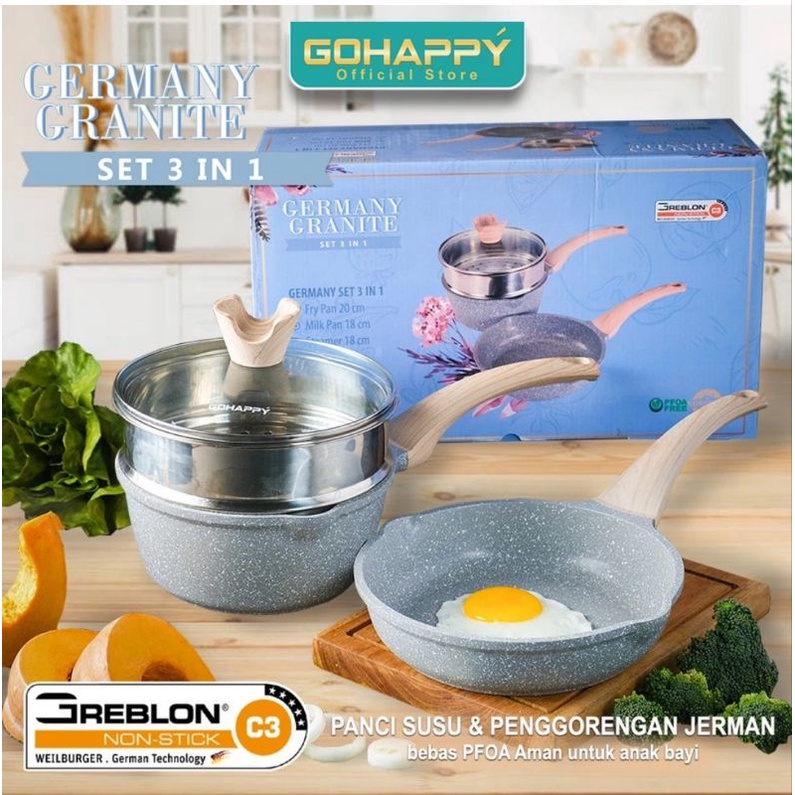 GOHAPPY Germany Granite Set Pan 3 in 1 Panci Wajan Keramik - Go Happy Abu-abu (GHG93)