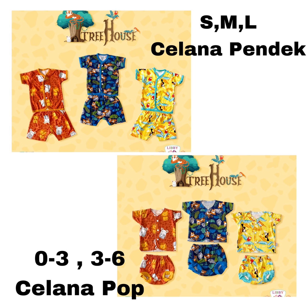 Libby Stelan Baju Kancing Depan Pendek + Celana Pendek 0-3m 3-6m SML