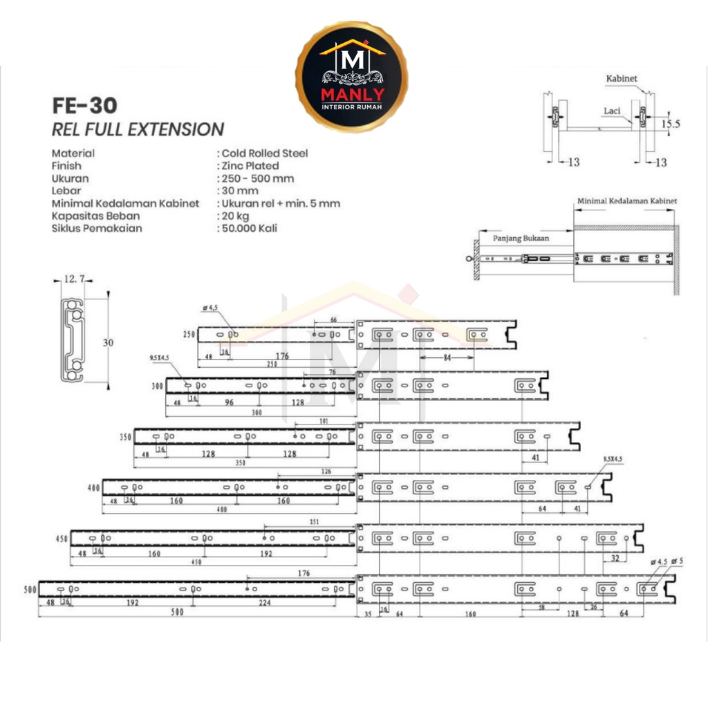 Rel Laci Double Track Huben FE 30 mm Ball Bearring Full Extention 25cm 30cm 35cm 40cm 45cm 50cm