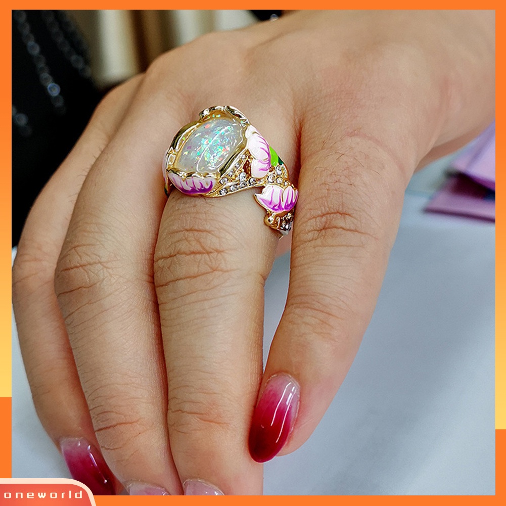 {oneworld} Elegan Wanita Berlian Imitasi Imitasi Opal Hias Lotus Floral Cincin Pesta Perhiasan Hadiah