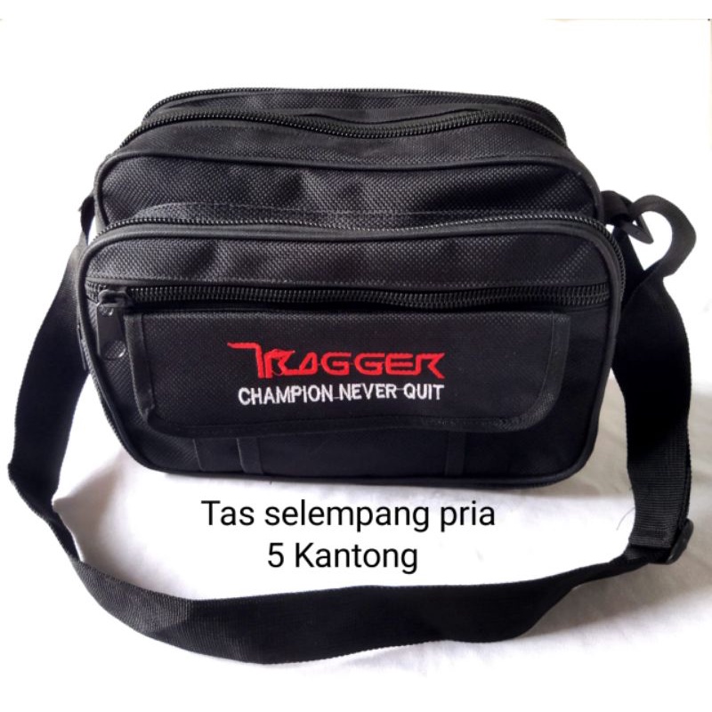 Tas selempang pria hitam bahan polyester tebal 5 kantong