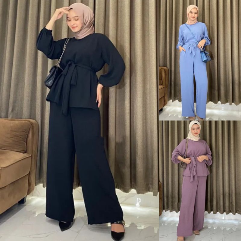 One Set Polos Crinkle Airflow Premium - Setelan Celana Dan Blouse Tali Wanita