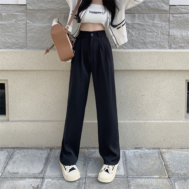 Khaki / Hitam Highwaist Kasual Loose Celana Panjang Wanitan / Celana Setelan Korea Style