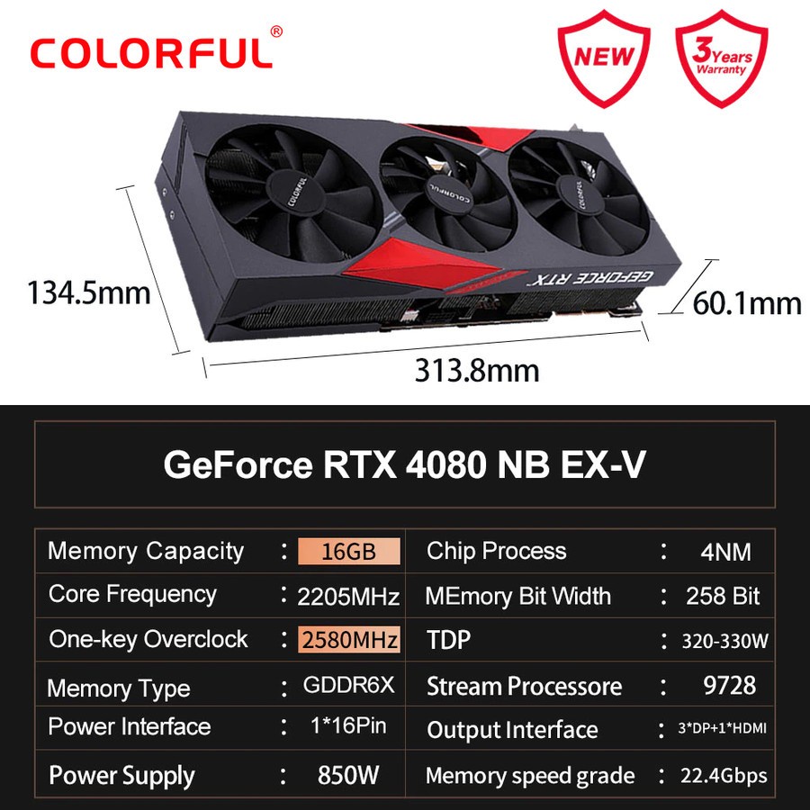 Colorful GeForce RTX™ 4080 16GB NB EX-V - RTX4080 GDDR6X