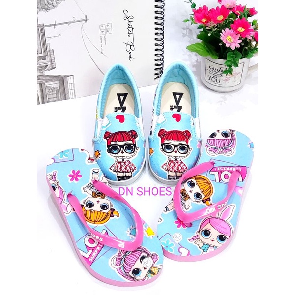 Paket Sepatu Anak Perempuan Sepatu dan Sandal jepit Anak Perempuan Slip on Anak Mutah Lucu Karakter LoL Biru