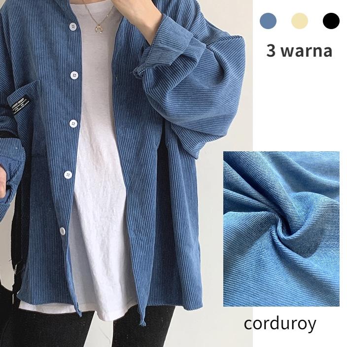 Depan Korea Kemeja Oversize Korduroy Wanita Lengan Panjang Oversize Kemeja Polos Wanita