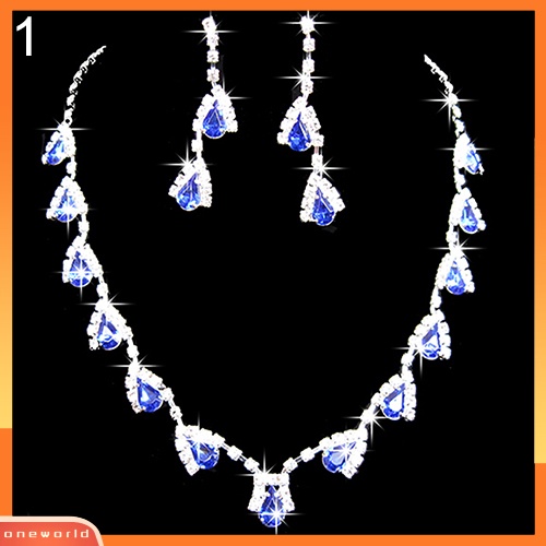 [oneworld] Wanita Mempesona Cubic Zirconia Kalung Kristal Liontin Anting Set Perhiasan Pengantin