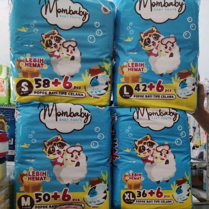 pampers/popok mom baby kemasan s54+6/M50+6/L42+6/xl36+6