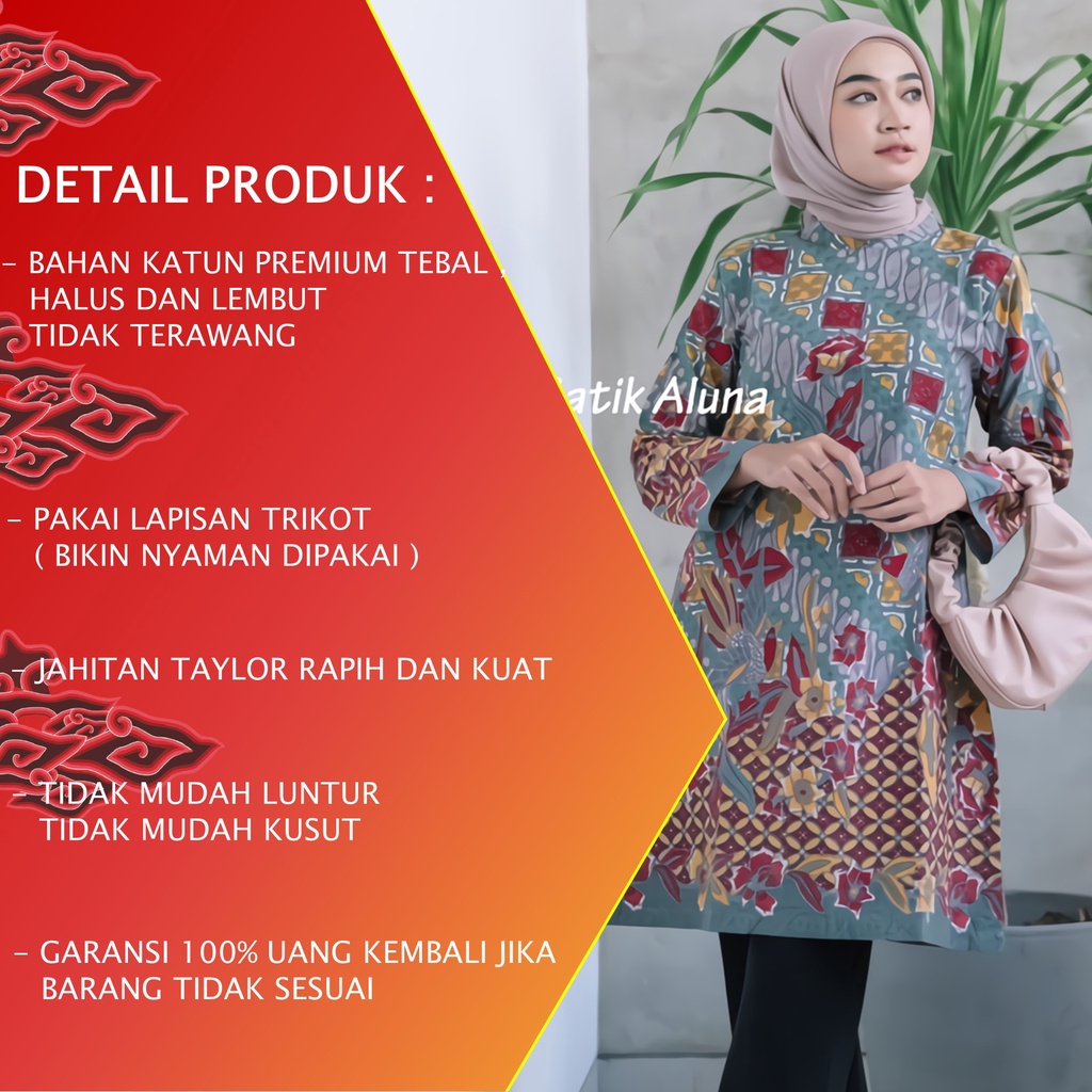 Batik Wanita Tunik Lengan Panjang Dewasa Terbaru Katun Lapis Trikot Premium Modern Batik Kerja Kantor Kondangan Size M L XL XXL 120