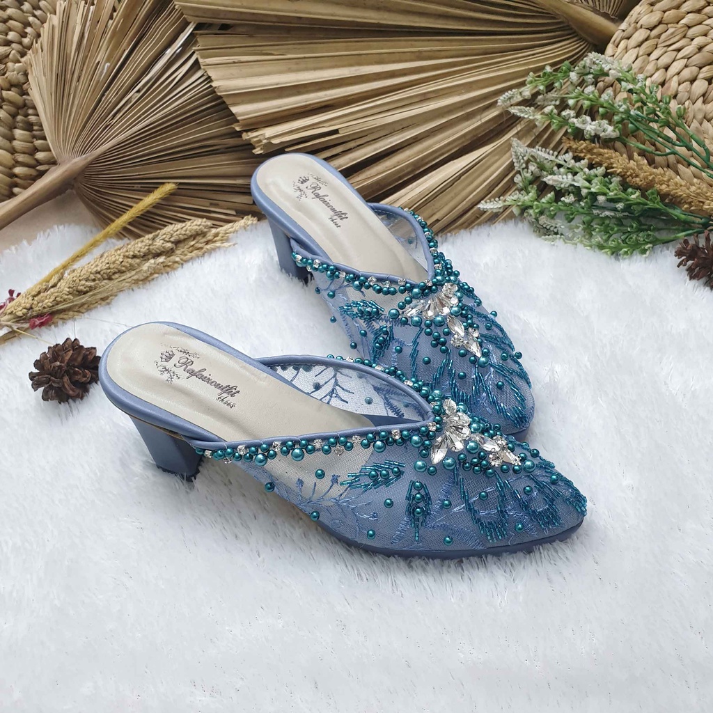 Sepatu wedding pesta cantik alena iceblue &amp; olive hak tahu 5/7 cm