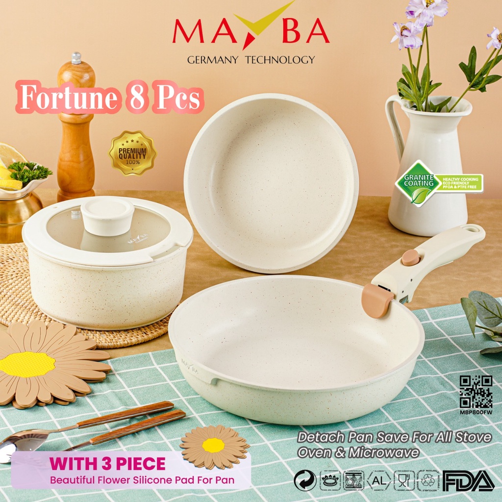 PANCI SET FORTUNE Granit Putih 8pc Mayba Germany MULTIFUNGSI WAJAN SAJI LAUK SAYUR - Bisa masuk oven &amp; microwave LENGKAP DENGAN MATRAS SILICONE PANCI