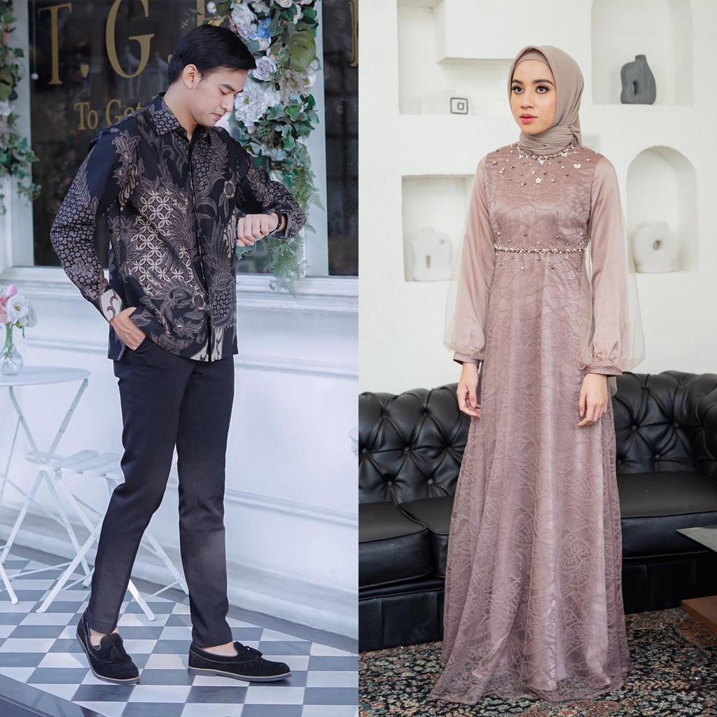 SOLO BATIK - Dress Couple Nadine Gamis Brukat Modern Terbaru Dress Pesta Wanita Kondangan Lamaran Wisuda Lebaran Terbaru 2023 Kemeja Pria Lengan Panjang Size M L XL Sgaram Bridesmaid Premium Termurah