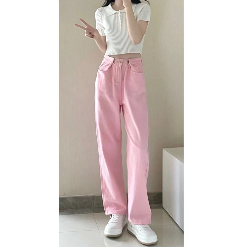 Pink Highwaist Lurus Kasual Loose Celana Jeans Wanita