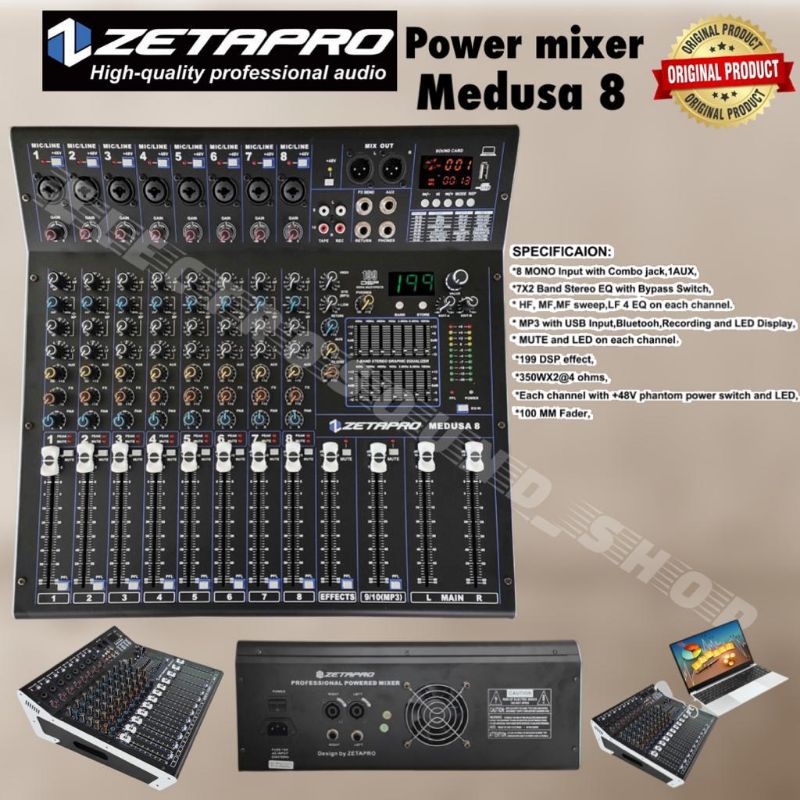 Power Mixer Zetapro Medusa 8, Zetapro 8 Channel Usb Bluetooth 4 Tune , Equalizer , Effect 199DSP
