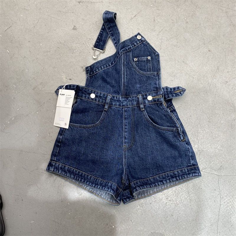 Red Denim overall wanita 2022 musim panas versi Korea baru dari celana pendek lebar kaki relung kecil longgar all-match rasa desain