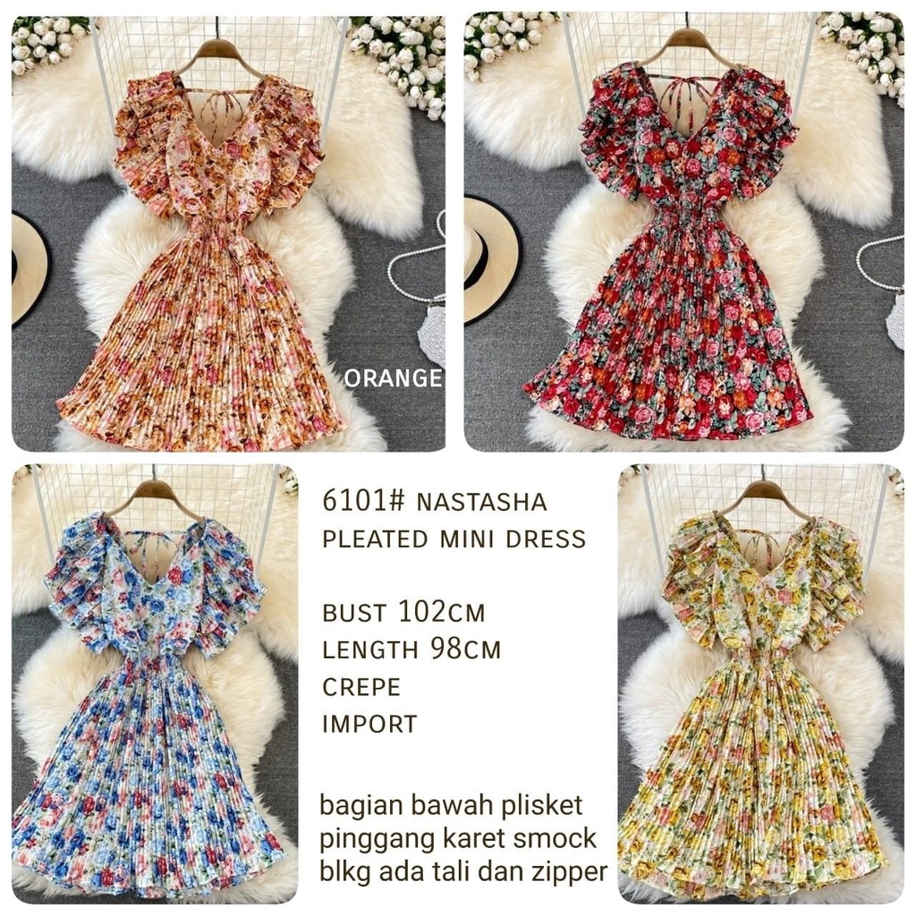 Natasha Floral Pleated Mini Dress / Dress Import Plisket Bunga Lengan Pendek