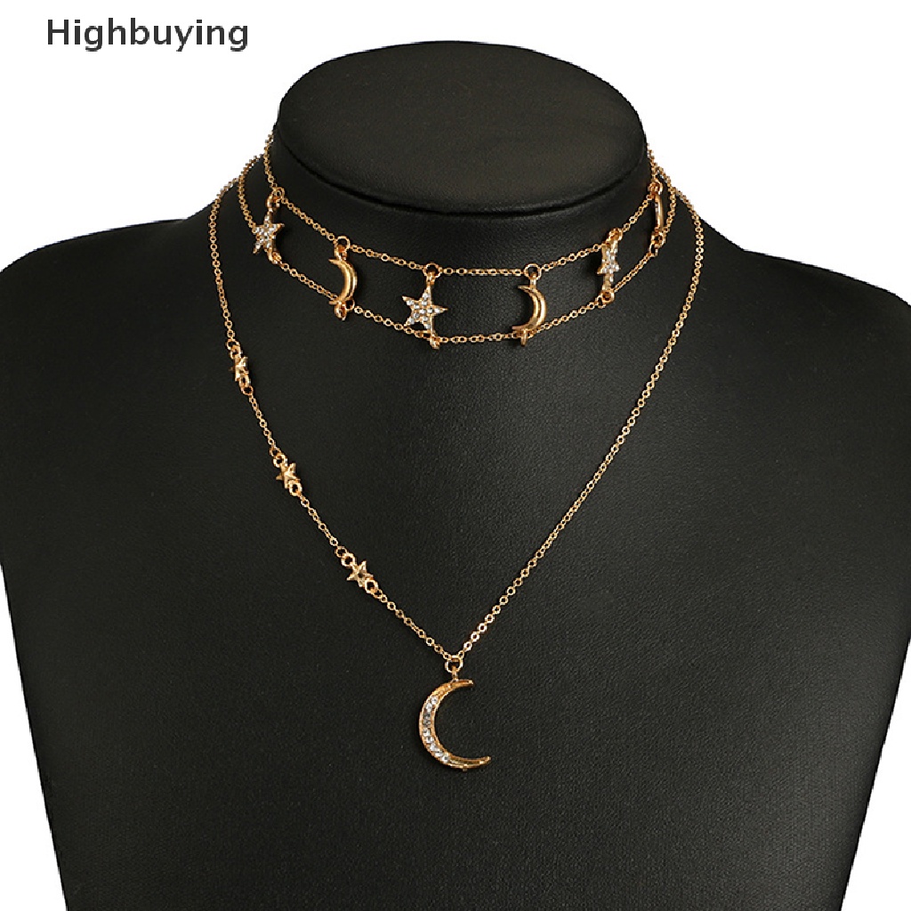 Hbid Boho Multilayer Emas Bulan Bintang Liontin Kalung Rantai Wanita Choker Perhiasan Hadiah Glory