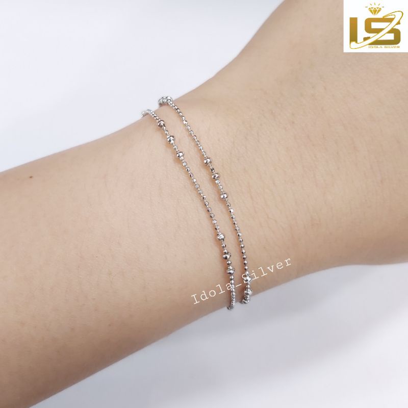 Gelang tangan 2 Layer Perak Asli Silver Wanita 925 Lapis Emas Putih Asli Rantai Dua Layer Biji Jedar - Perak Asli Anti Karat