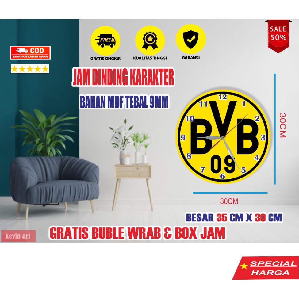 Jam Dinding Tempel Tembok Keren Motif Dortmund BVB Unik Minimalis Terbaru