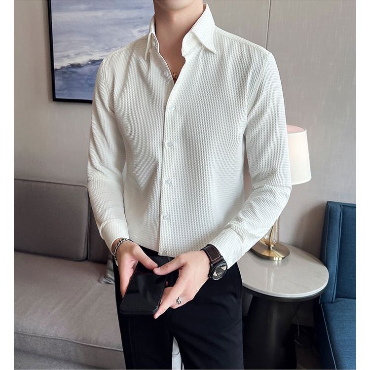 baju kemeja pria lengan panjang waffle knit korean style korea uniqlo kekinian lengan panjang kasual