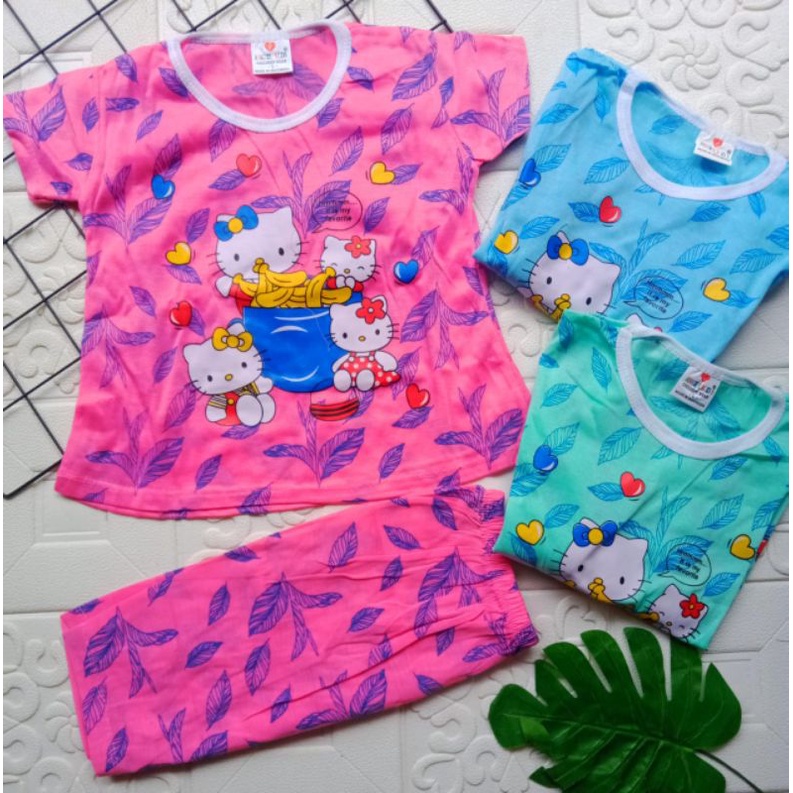 Baju Setelan harian celana pendek anak perempuan 1-5 tahun / setelan pendek anak cewek hello kitty doraemon lol