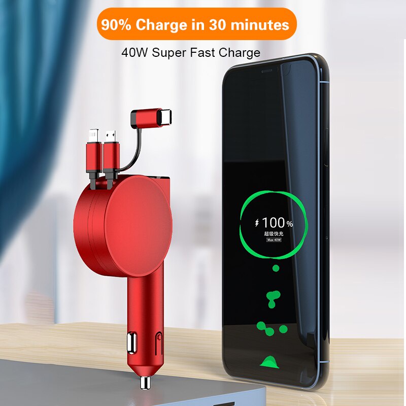 Charger Mobil 3in1 Dual-Line Retractable 60W Adaptor Charge Super Quick Charger Mobil Cepat Untuk iPhone Android Type-C Port