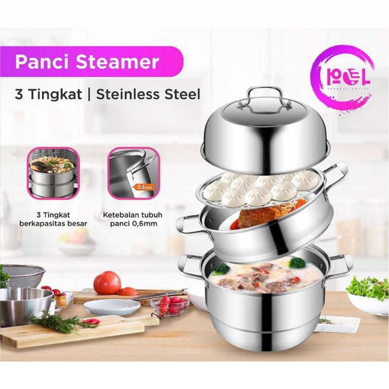 Panci Steamer Kukus Set 3 Susun - Panci Kukus - Steamer Dandang Alaska Stainless Steel - Panci Kukus