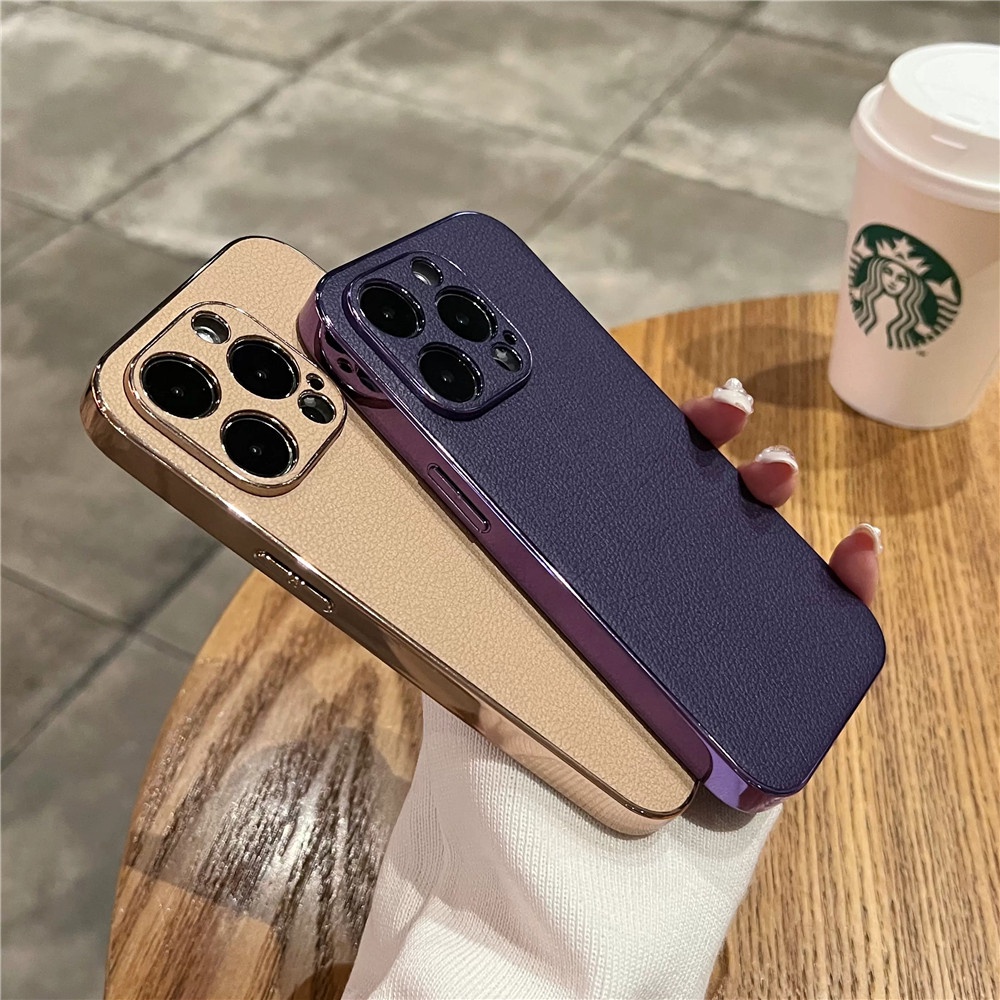 IPHONE Deep Purple Luxury Plating Frame Leather Case Untuk Iphone14 13 12 11 Pro Max14 Plus Ultra Tipis Electroplate Shockproof Casing Bumper Cover