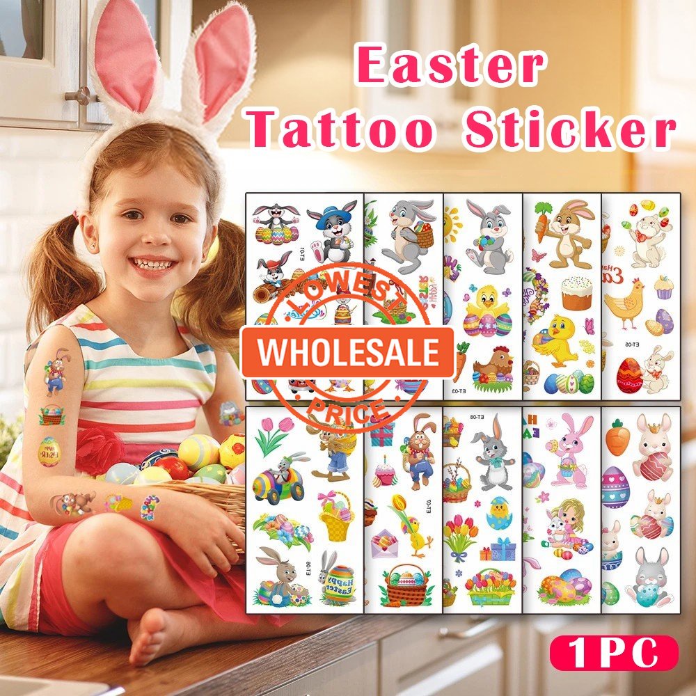 [Harga Grosir] 1PC Pola Acak Eater Stiker Tato Kartun Anak-Anak Kelinci Lucu Telur Dewasa Anak Temporary Tato Palsu Tahan Air Happy Easter