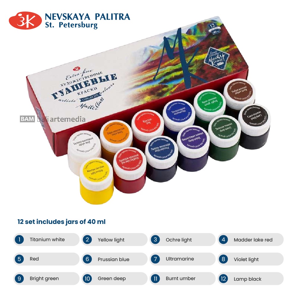 Cat Melukis Alat Menggambar Nevskaya Palitra Artists Master Class Gouache Set 20ml &amp; 40ml In Plastic Jar By Bali Artamedia