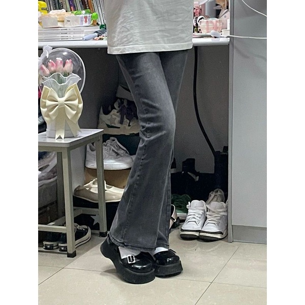 Red Plus beludru menebal pinggang tinggi elastis flared jeans wanita abu-abu berasap retro tipis high street micro flared celana in pasang