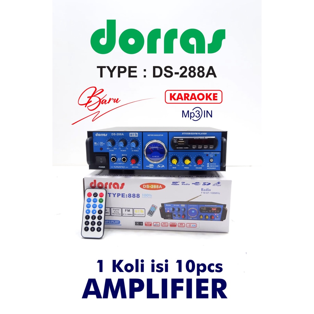 Power Amplifier AC-DC Stereo Bluetooth USB Radio Dorras DS-288A | Amplifier Dorras DS-288A Bluetooth + Stereo Karaoke + Mp3 player + FM Radio + USB - AMPLI MOBIL / AMPLIFIER MOBIL | Dorras DS-288A Power Amplifier Wireless Bluetooth Karaoke | FMS