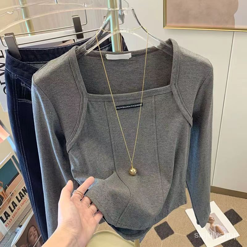 #Sisjuly# Kaos bahu persegi leher persegi wanita kaos bawah baru yang ramping dan tipis