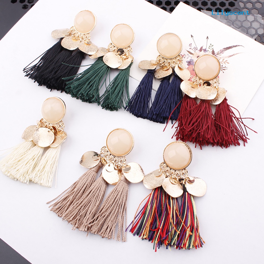 [LS] 1pasang Wanita Bohemian Jumbai Sequin Ear Stud Menjuntai Anting Perhiasan Perjamuan