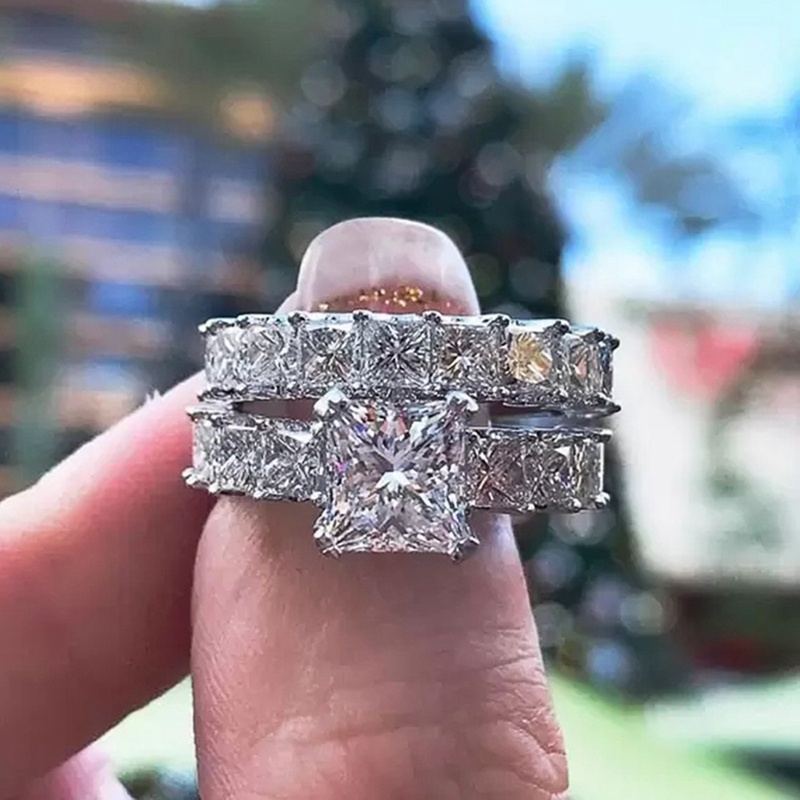 Trendy Mewah Princess Cut Cubic Zirconia Promise Rings Untuk Wanita Kristal Pertunangan Pernikahan Rings