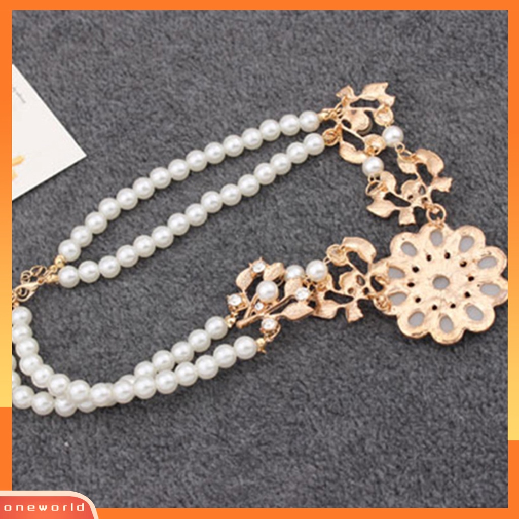 {oneworld} Kalung Rantai Double-Layer Liontin Bunga Mutiara Imitasi Elegan Untuk Pacaran